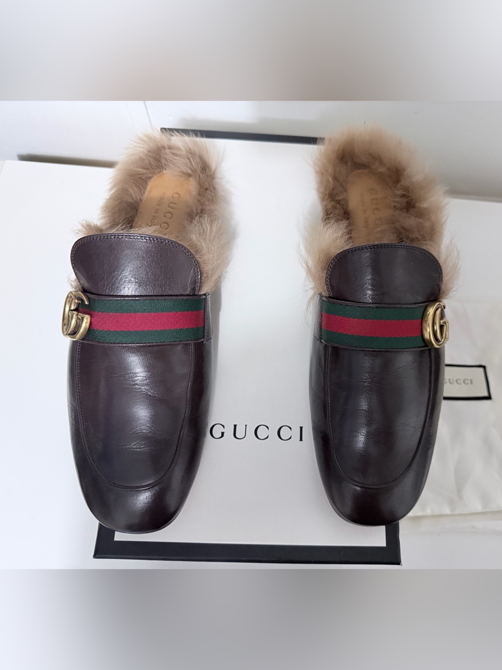 Gucci Princetown Brown Leather GG Mules with Brown Fur loafers sz 9 fits US 10.5